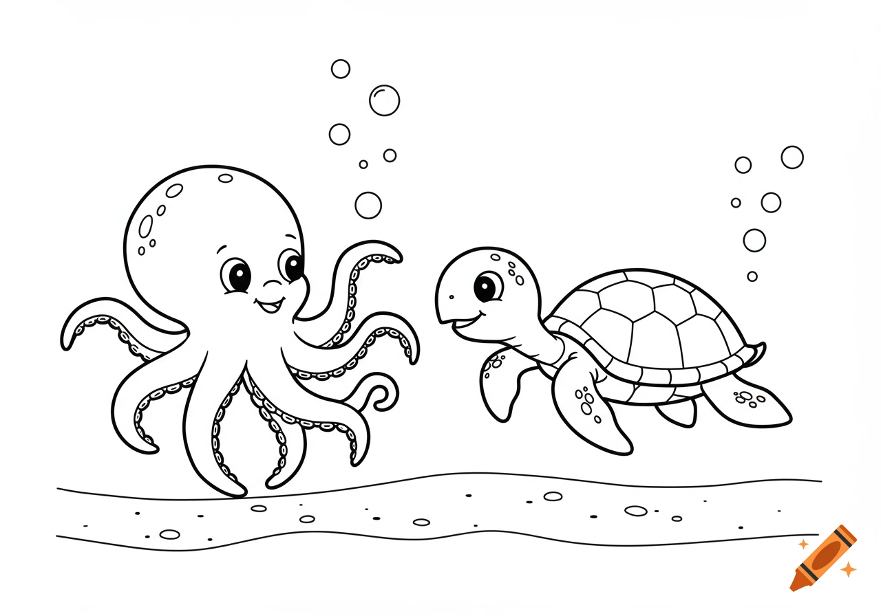 Black and white cartoon coloring page of a friendly octopus and turtle underwater with bubbles and sand.