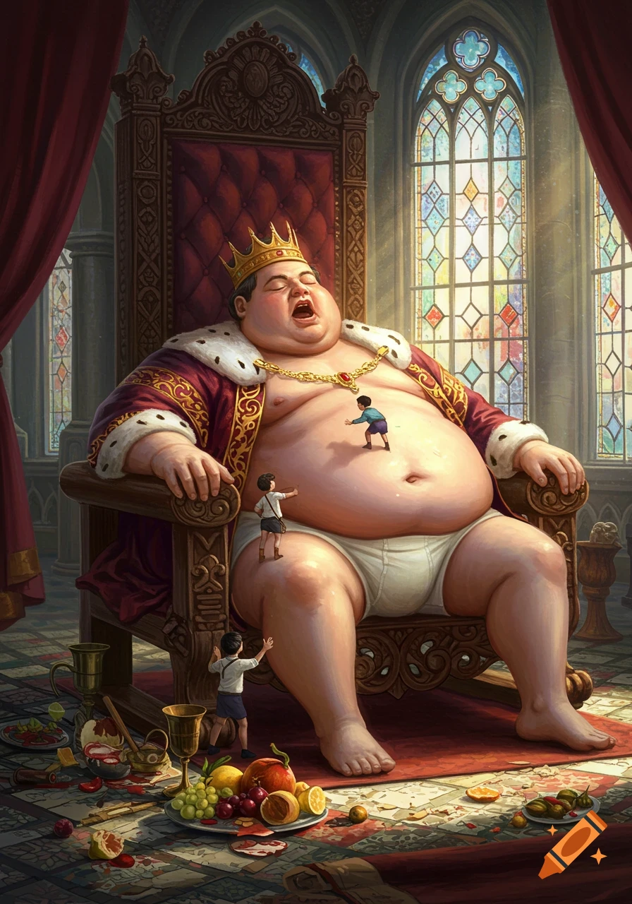 A detailed illustration of a morbidly obese king in a robe and underwear asleep on his throne, with tiny people climbing and playing on his belly in a grand hall.