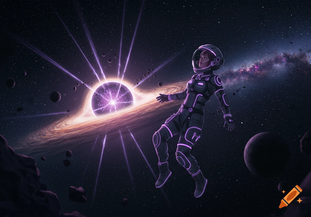 A female astronaut floats in deep space near a glowing purple neutron star, an accretion disk, and a spiral galaxy.