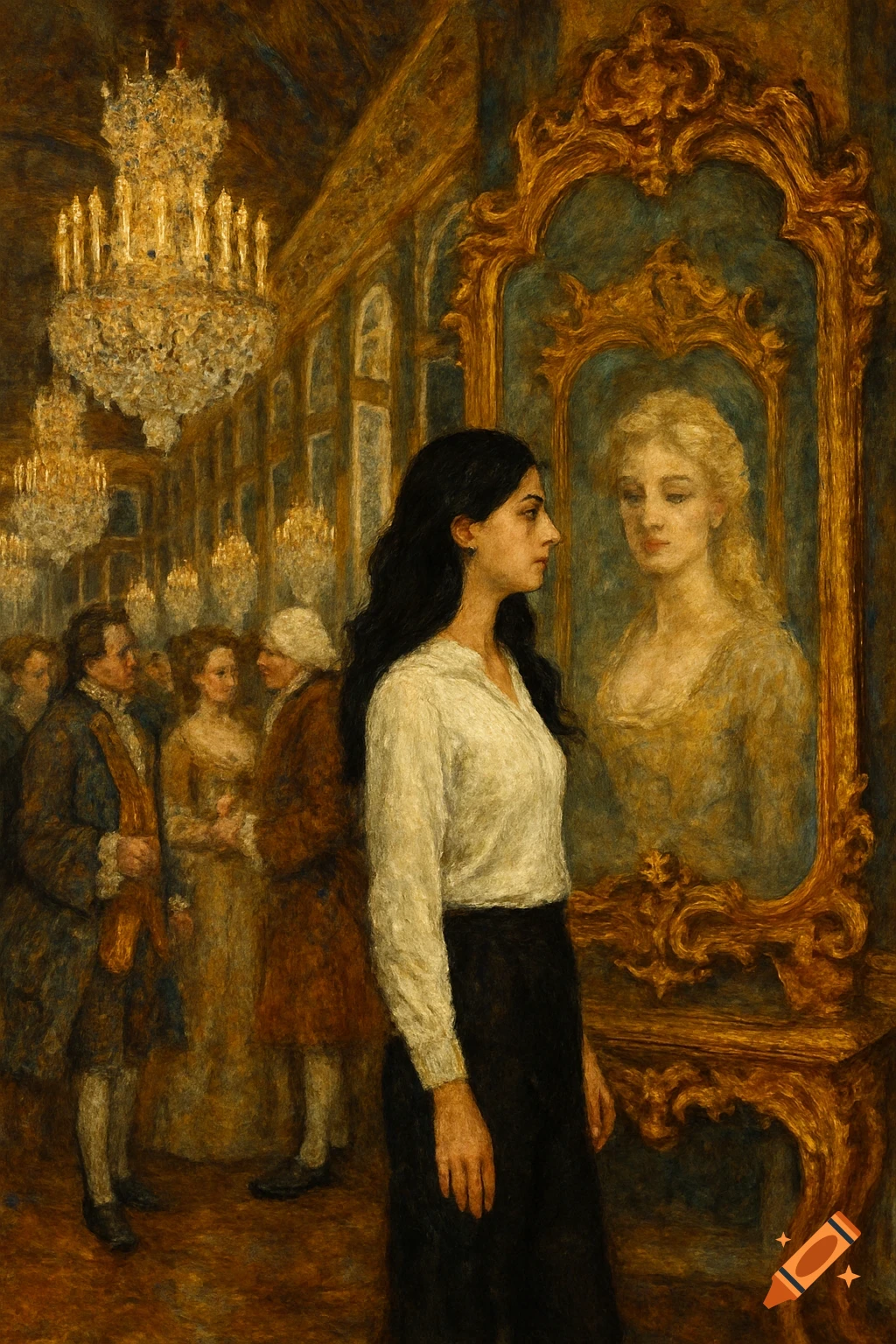 A dark-haired woman in modern clothes looks into an ornate mirror reflecting a blonde woman, in a grand historical hall with chandeliers, in a classical painting style.