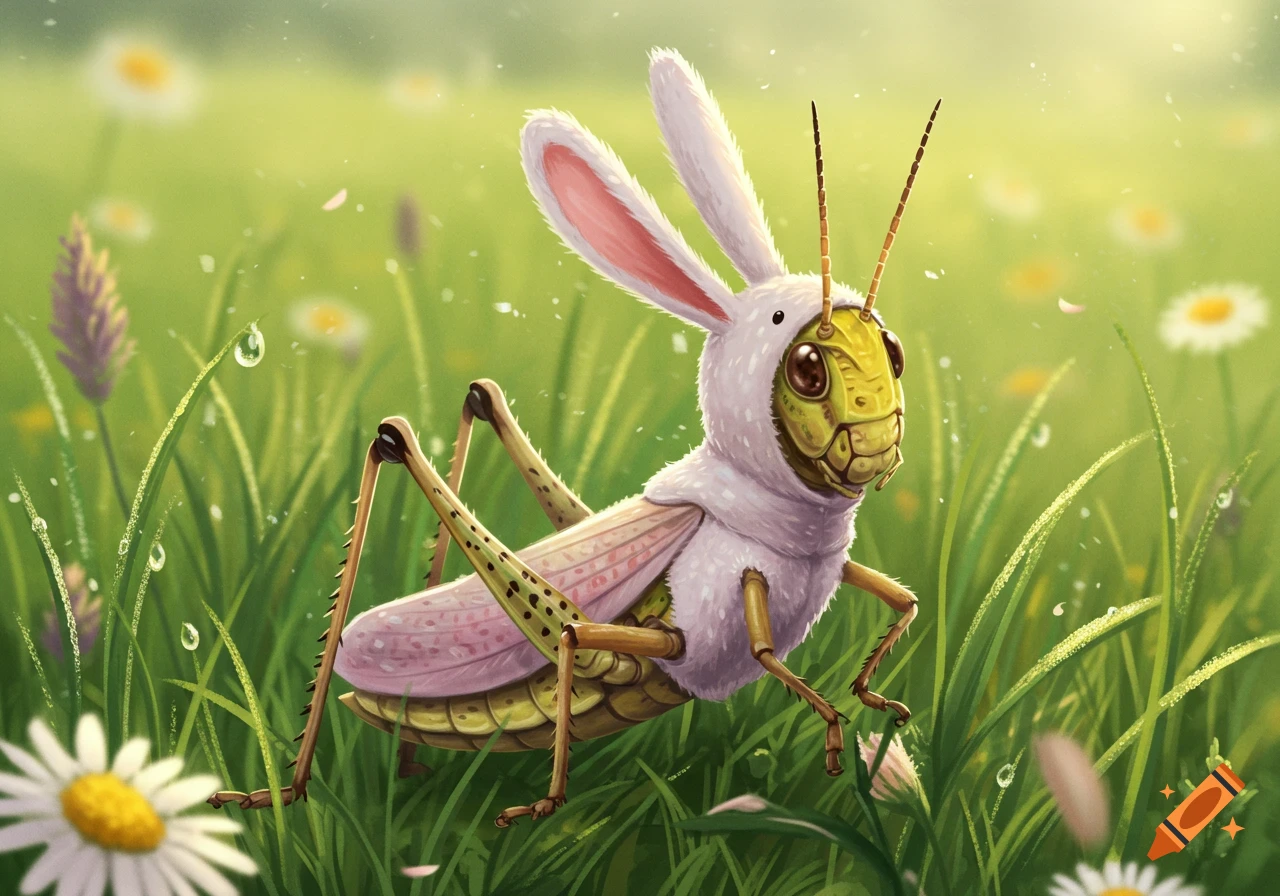 A cartoonish grasshopper wearing a white bunny suit with pink ears stands in a vibrant green meadow with daisies and dewdrops.
