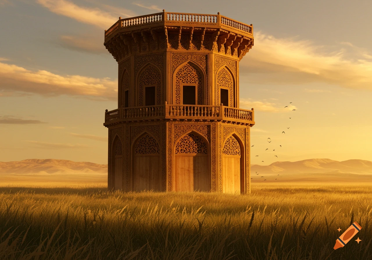 An ornate octagonal building with intricate carvings stands in a vast golden field under a warm sunset sky.
