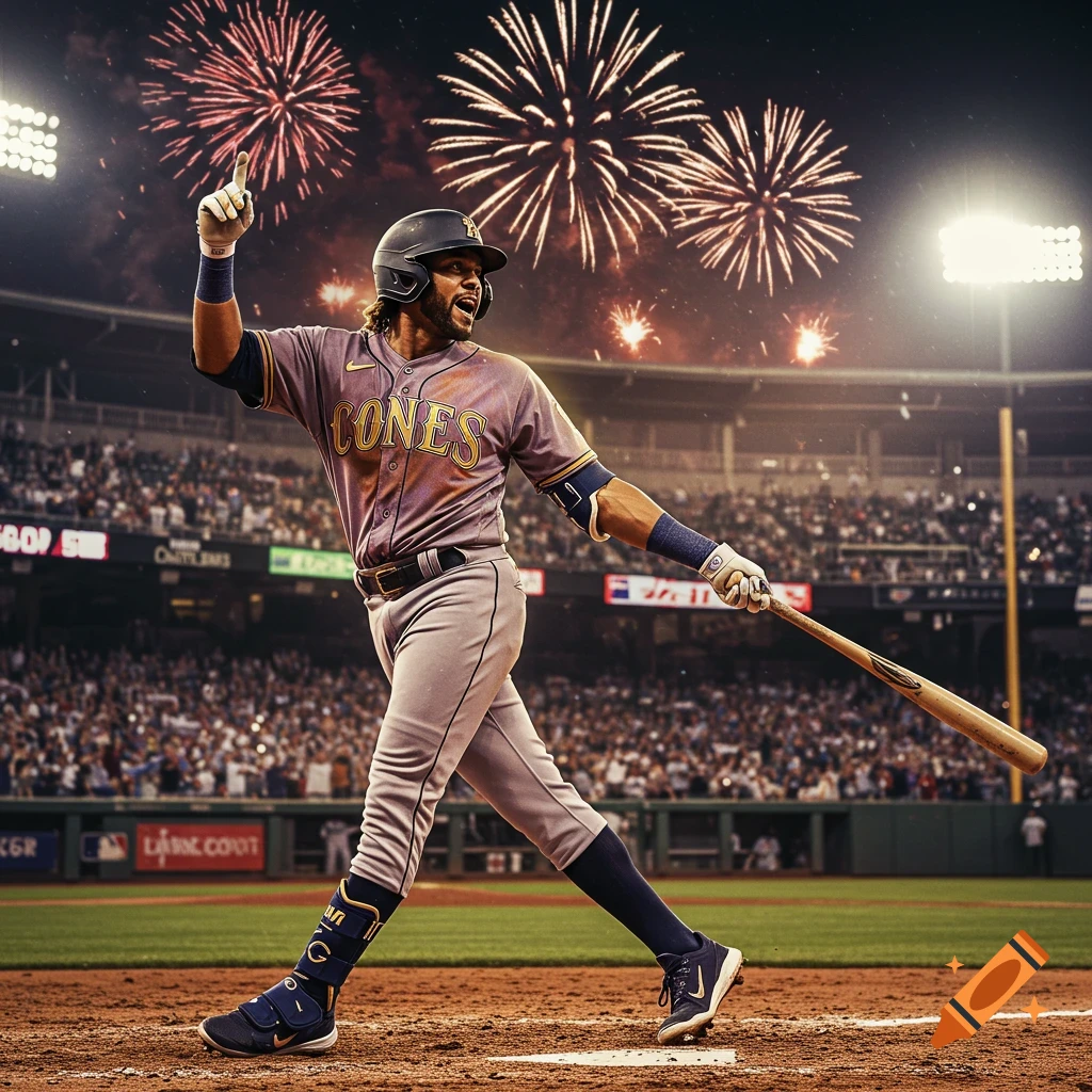 Photorealistic image of a baseball player celebrating on a field, pointing up, with fireworks in the night sky over a stadium.