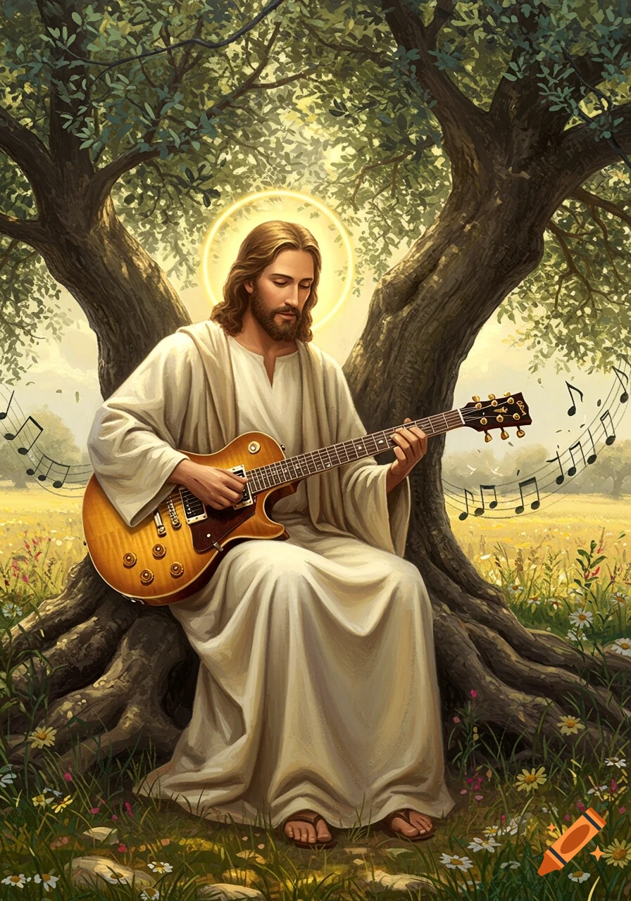 Jesus Christ with a halo plays an electric guitar under a tree in a sunny field, with musical notes floating around.