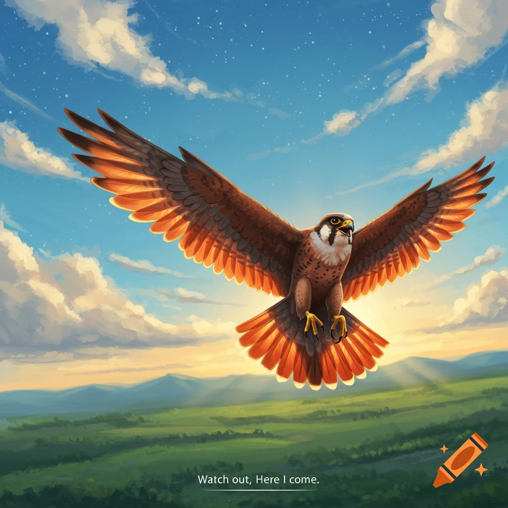 An illustration of a majestic brown falcon with outstretched orange wings soaring through a bright blue sky over a green landscape at sunset.