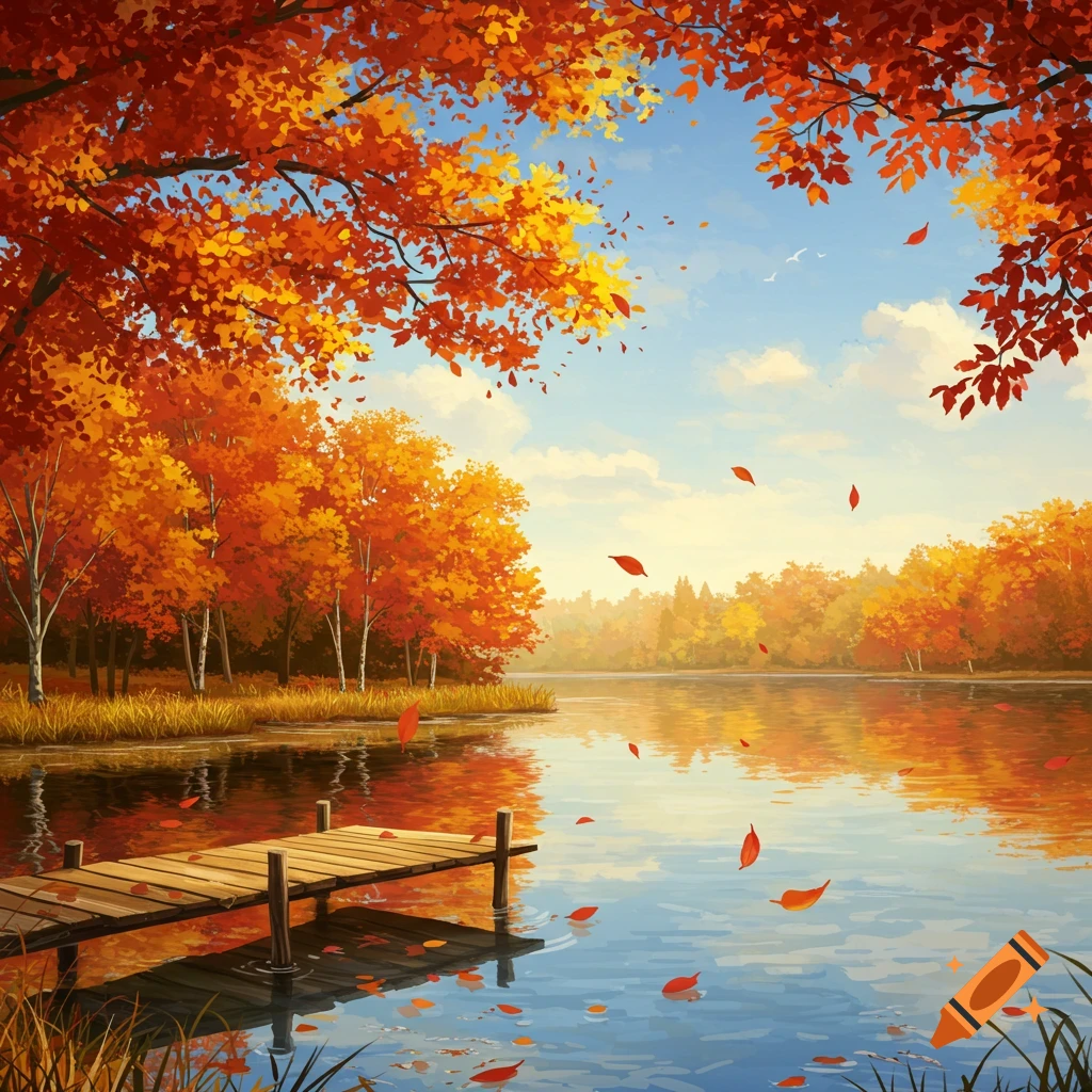 A vibrant autumn illustration of a wooden dock extending into a still lake, surrounded by trees with red and orange leaves under a blue sky.