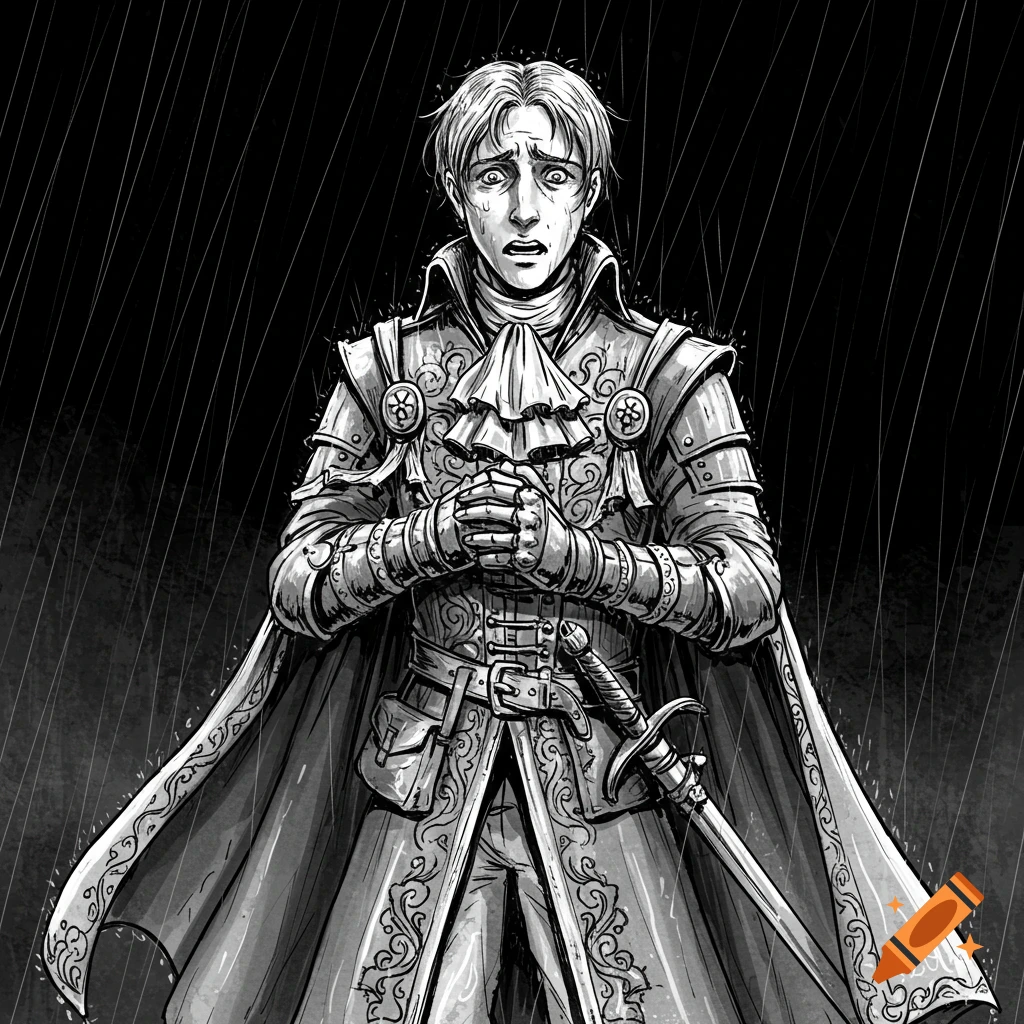Black and white hand-drawn sketch of a scared young noble in ornate armor and a cape, holding his hands, standing in rainfall.