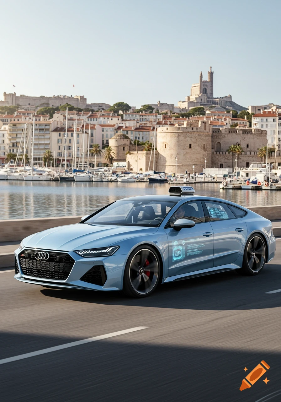 A light blue autonomous car drives on a road by Marseille's Old Port, with a city skyline and boats in the background, in a photorealistic style.