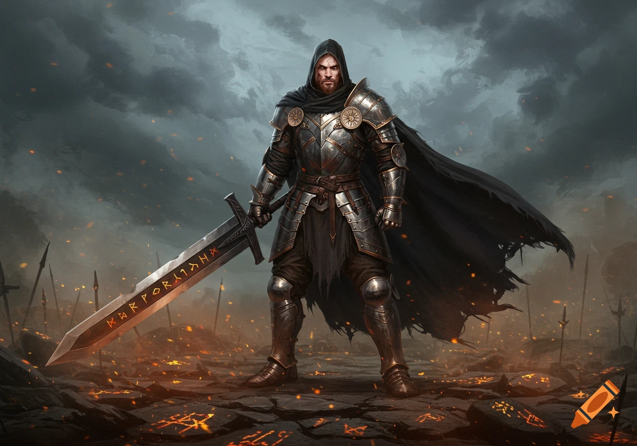 A heavily armored warrior with a hood and black cloak stands on a fiery battlefield, holding a large greatsword with glowing runes.
