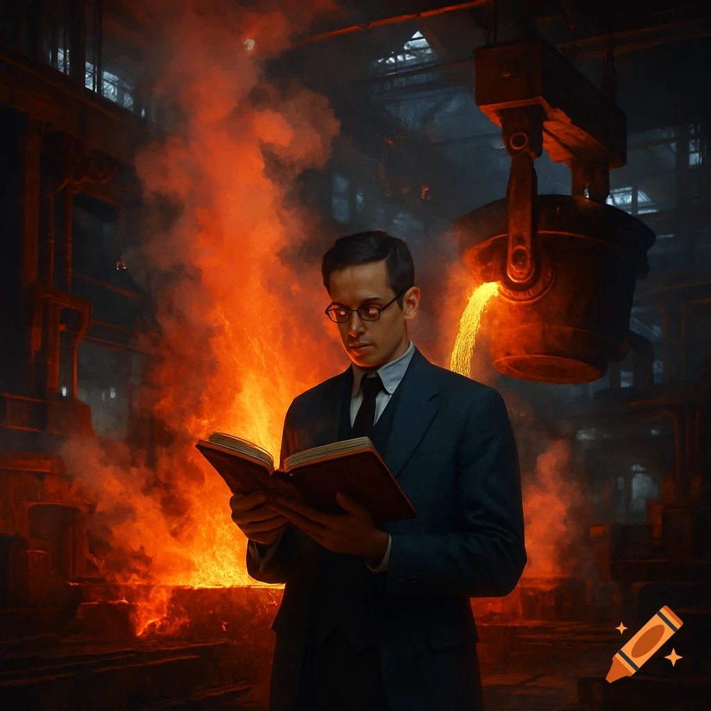 A man in a suit and glasses reads a book in a dramatic, fiery industrial factory with molten metal.