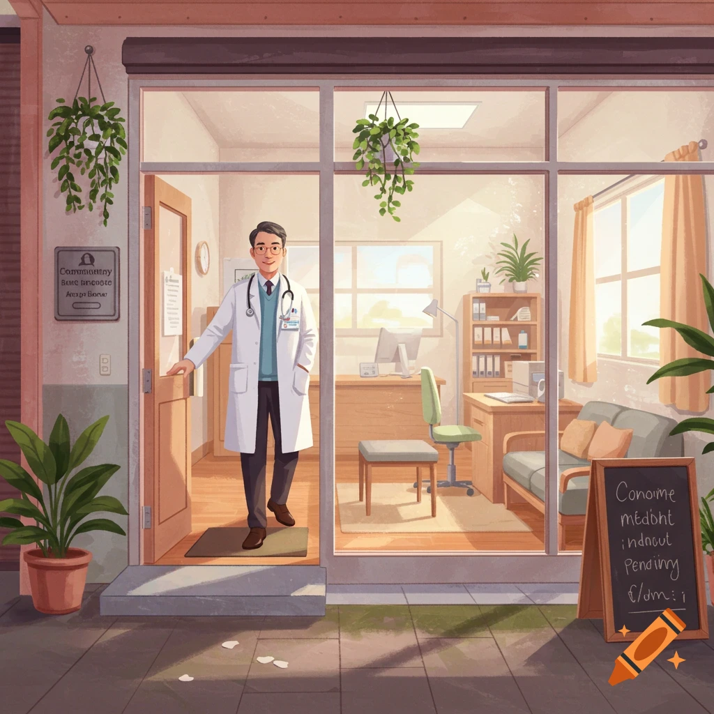 A male doctor in a white coat and stethoscope stands smiling in the doorway of his small, sunny clinic, depicted in an illustration.