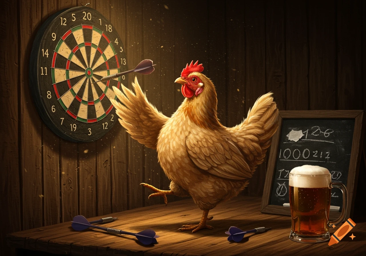 A whimsical image of a brown chicken with outstretched wings, actively playing darts in a rustic pub setting. A dart is stuck in the dartboard on the wooden wall, and other darts lie on the table next to a beer mug.