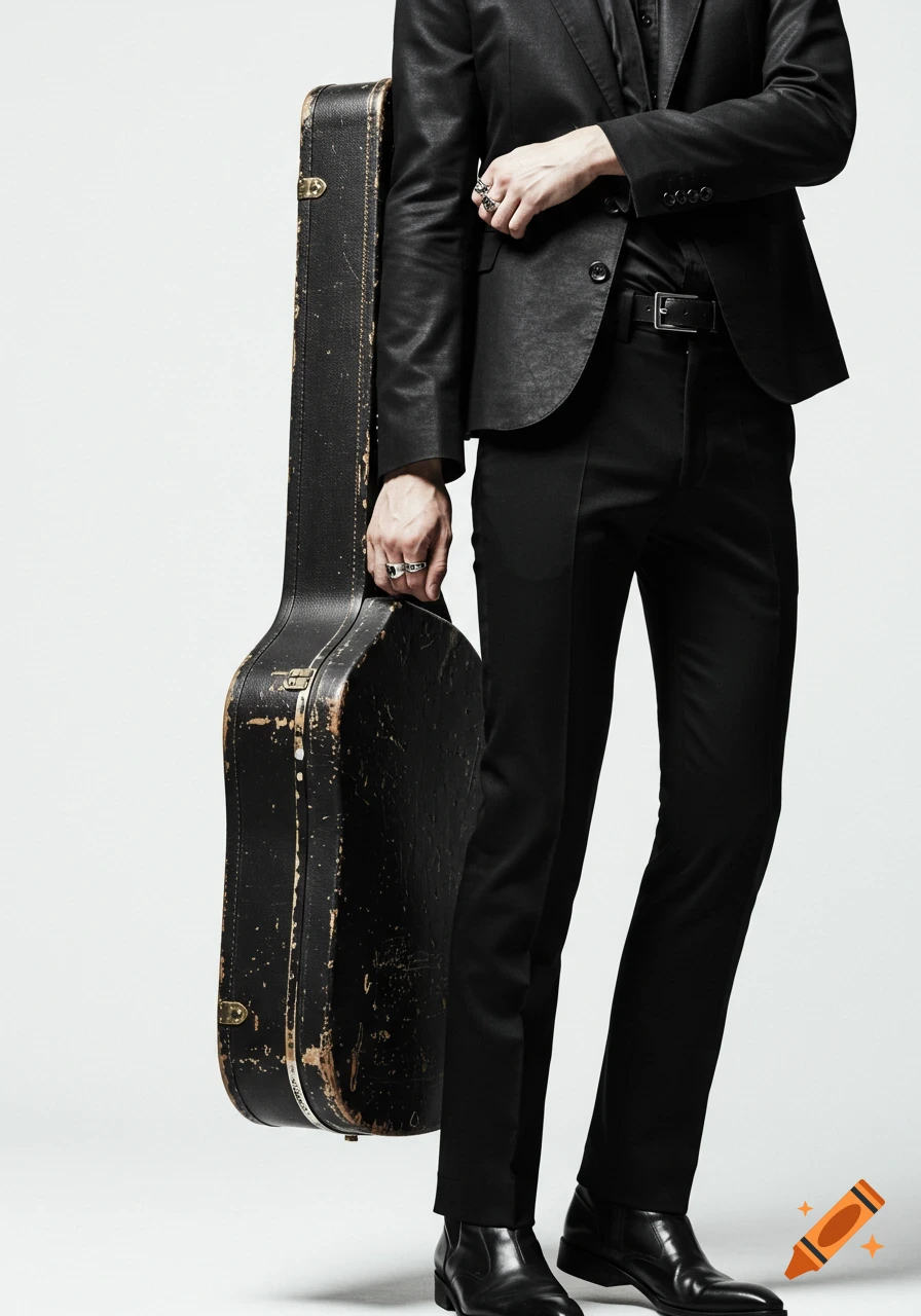 Cropped shot of a man in a black suit and shoes holding a worn black guitar case against a white background.