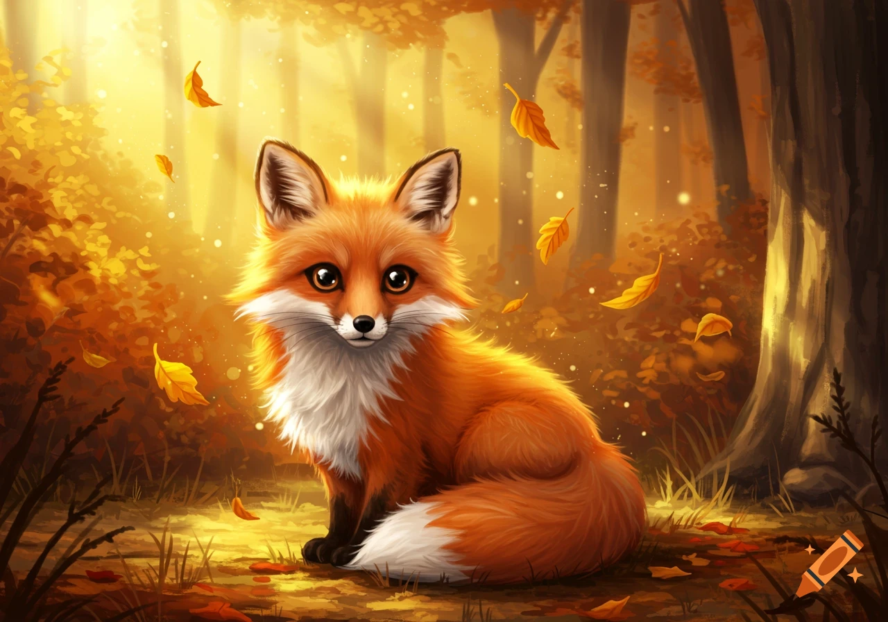 A cute, stylized fox sits in a glowing autumn forest with falling orange leaves.