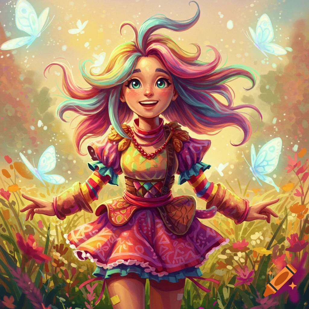 A cheerful cartoon girl with rainbow hair smiles in a vibrant flower field with glowing butterflies in a whimsical, colorful illustration.
