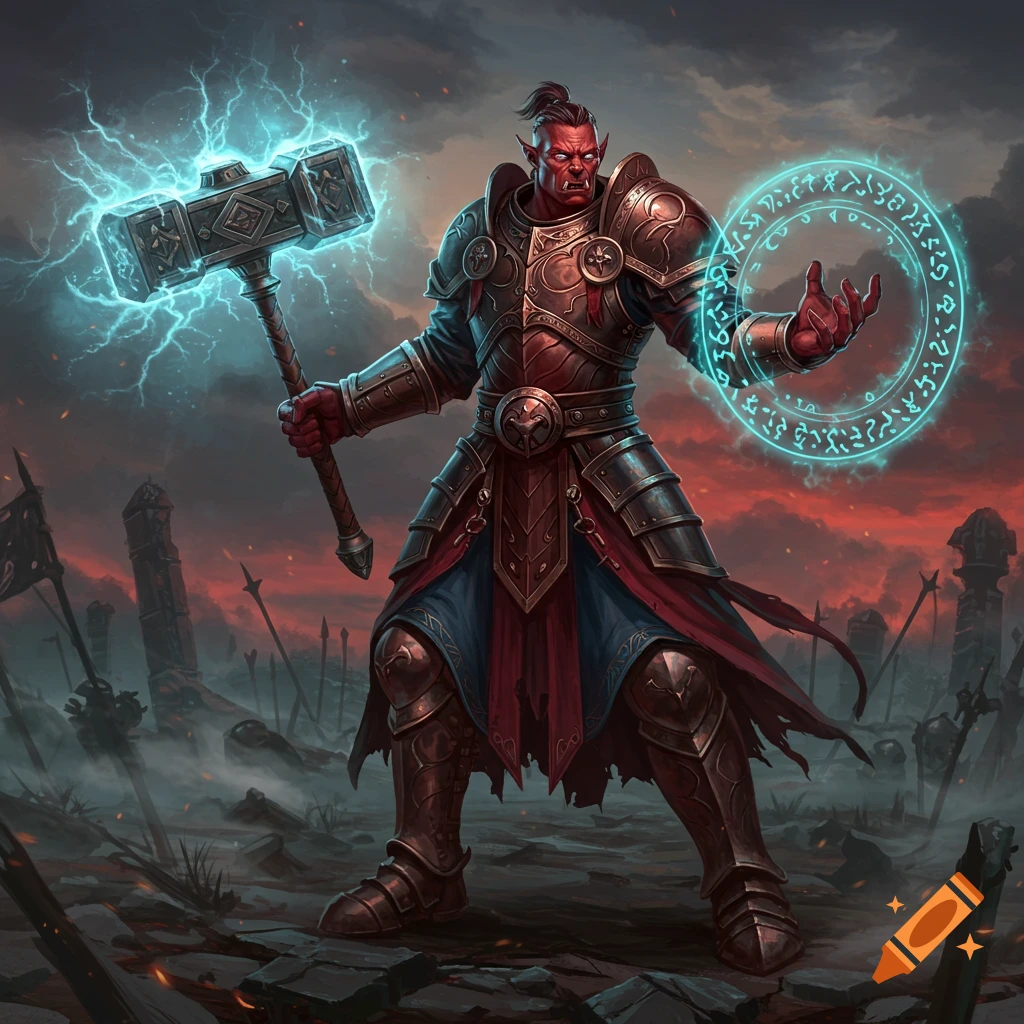A red-skinned half-orc arcane knight in ornate armor wields a lightning hammer and a glowing runic spell in a desolate landscape.
