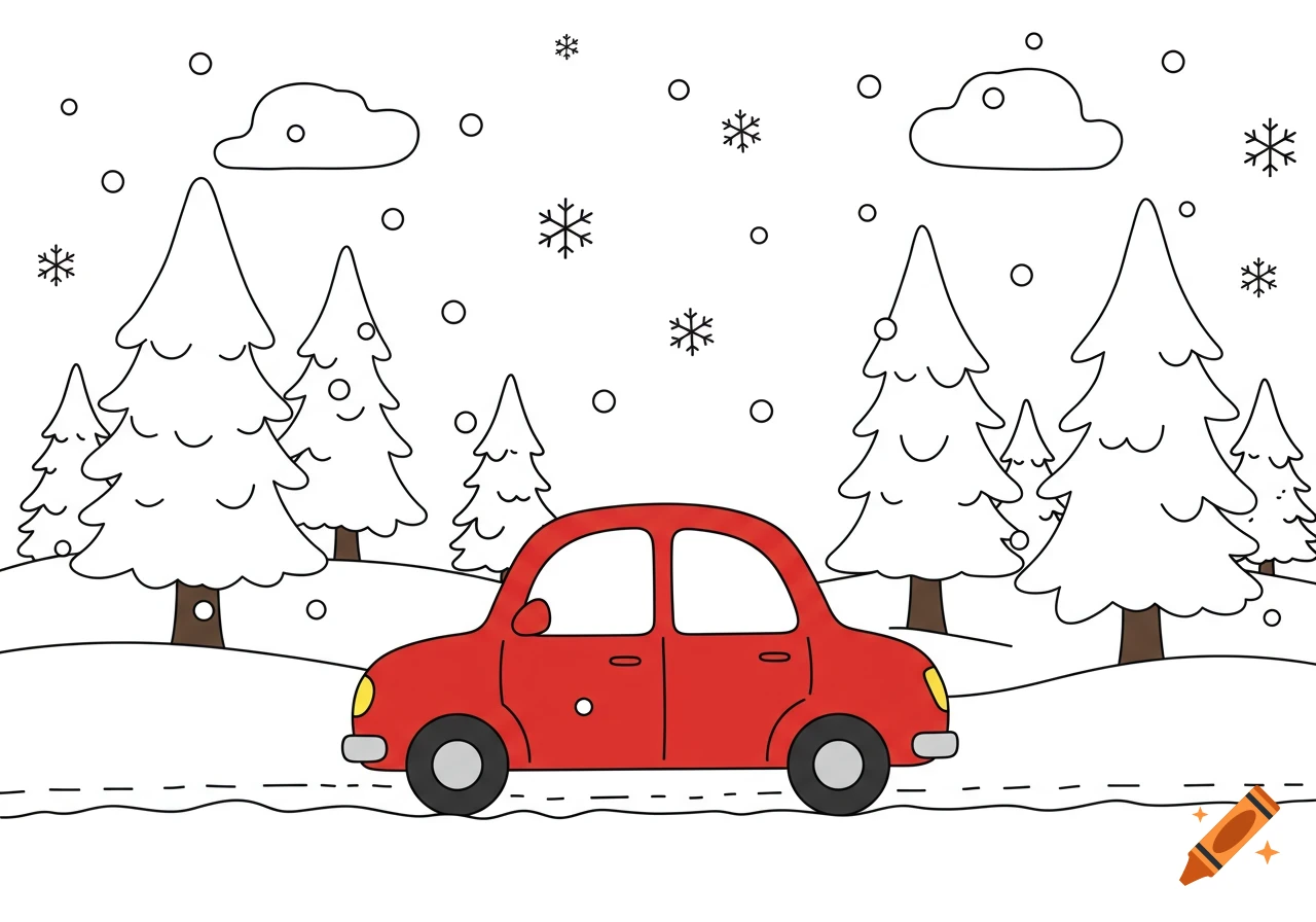 A simple red car drives through a snowy landscape with snow-covered trees and falling snowflakes, designed as a coloring page.