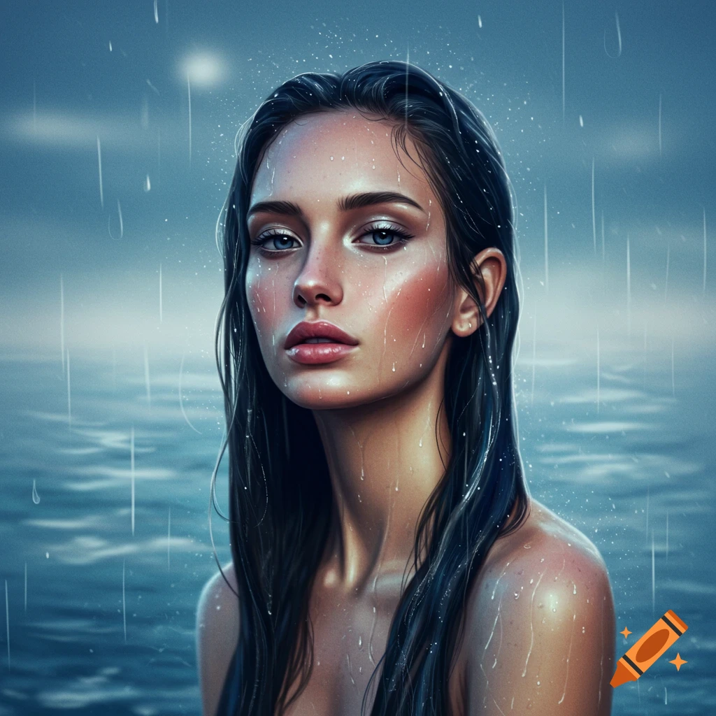 Photorealistic portrait of a woman with wet hair and skin, standing in the rain.