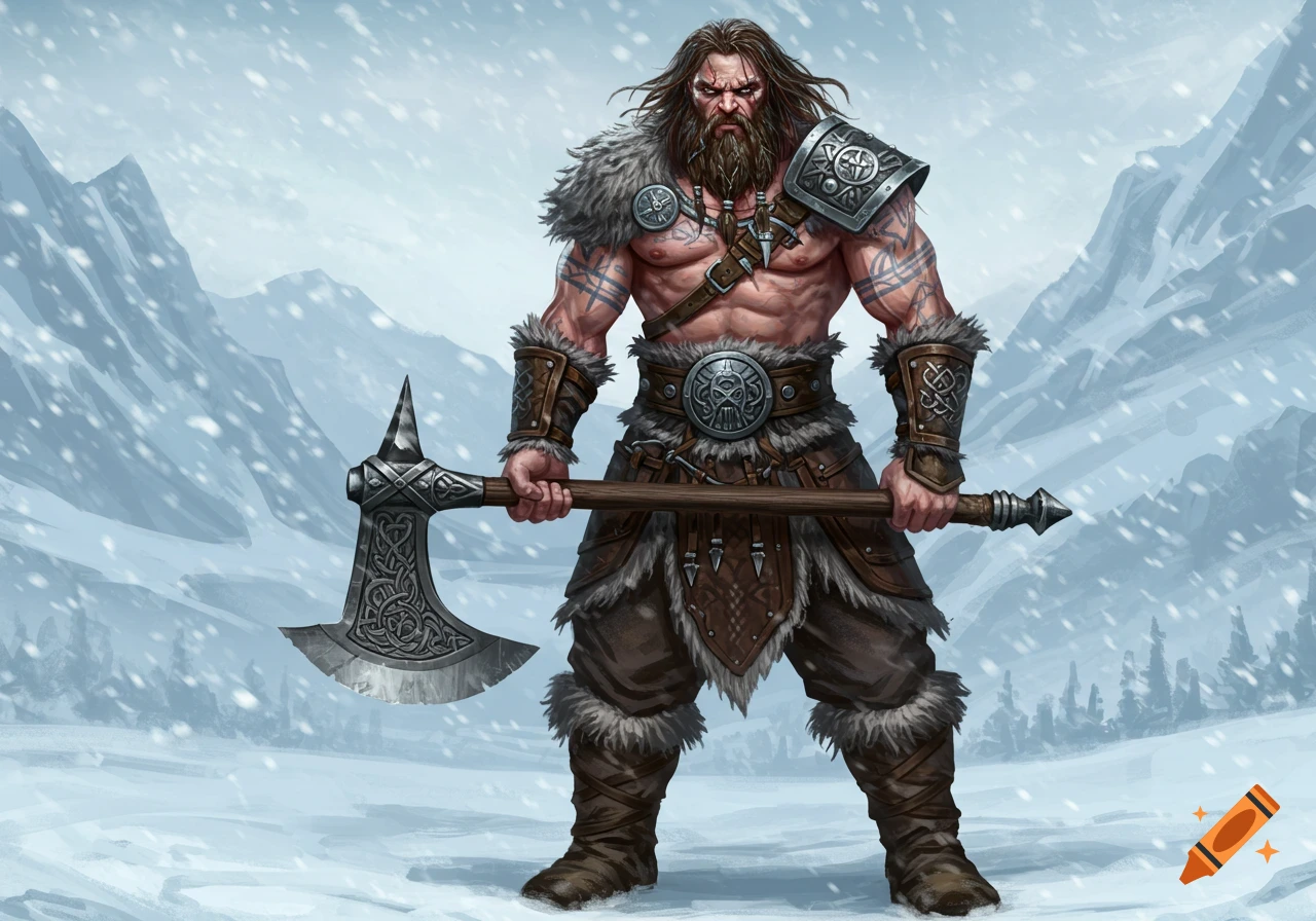 A muscular, tattooed, bearded barbarian in fur armor stands with a large axe in a snowy mountain landscape. Detailed fantasy art.