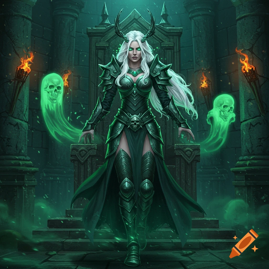 A white-haired lich duchess in dark green armor with an antlered crown stands in an ancient stone hall with glowing green skulls.