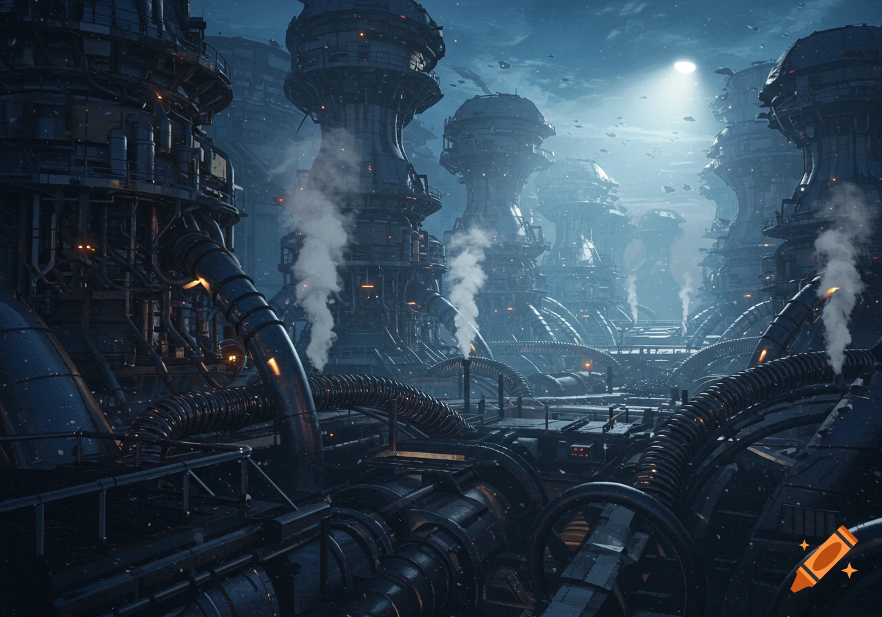 A dark, futuristic industrial cityscape with towering, pipe-covered structures emitting steam under a cloudy, moonlit sky.