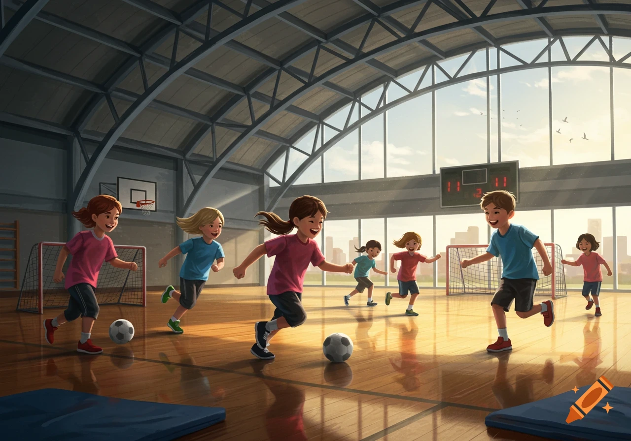 Children playing football in a sunlit indoor gymnasium.