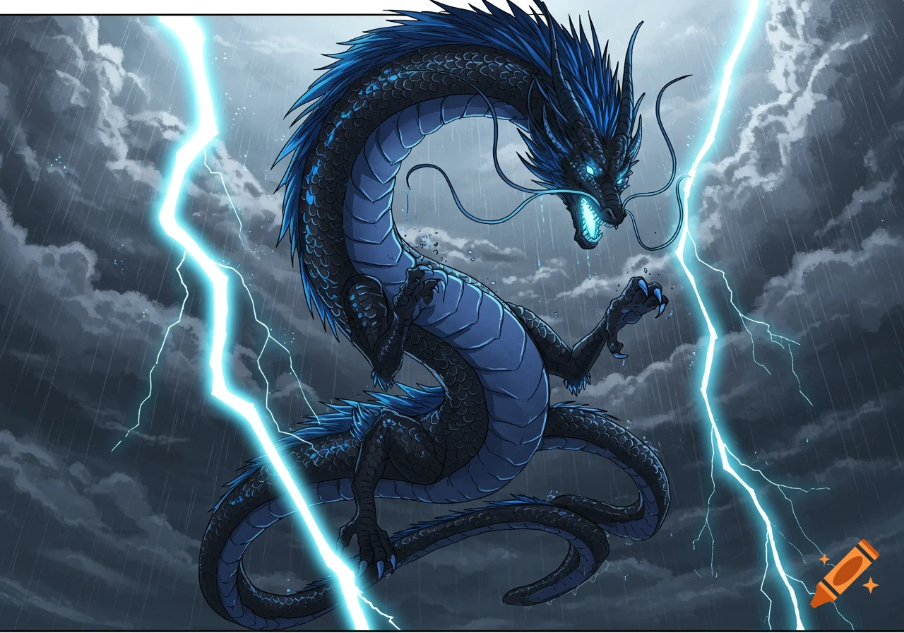 A majestic black and blue scaled dragon with glowing eyes, breathing bright blue lightning in a stormy, rainy sky, depicted in a manga style.