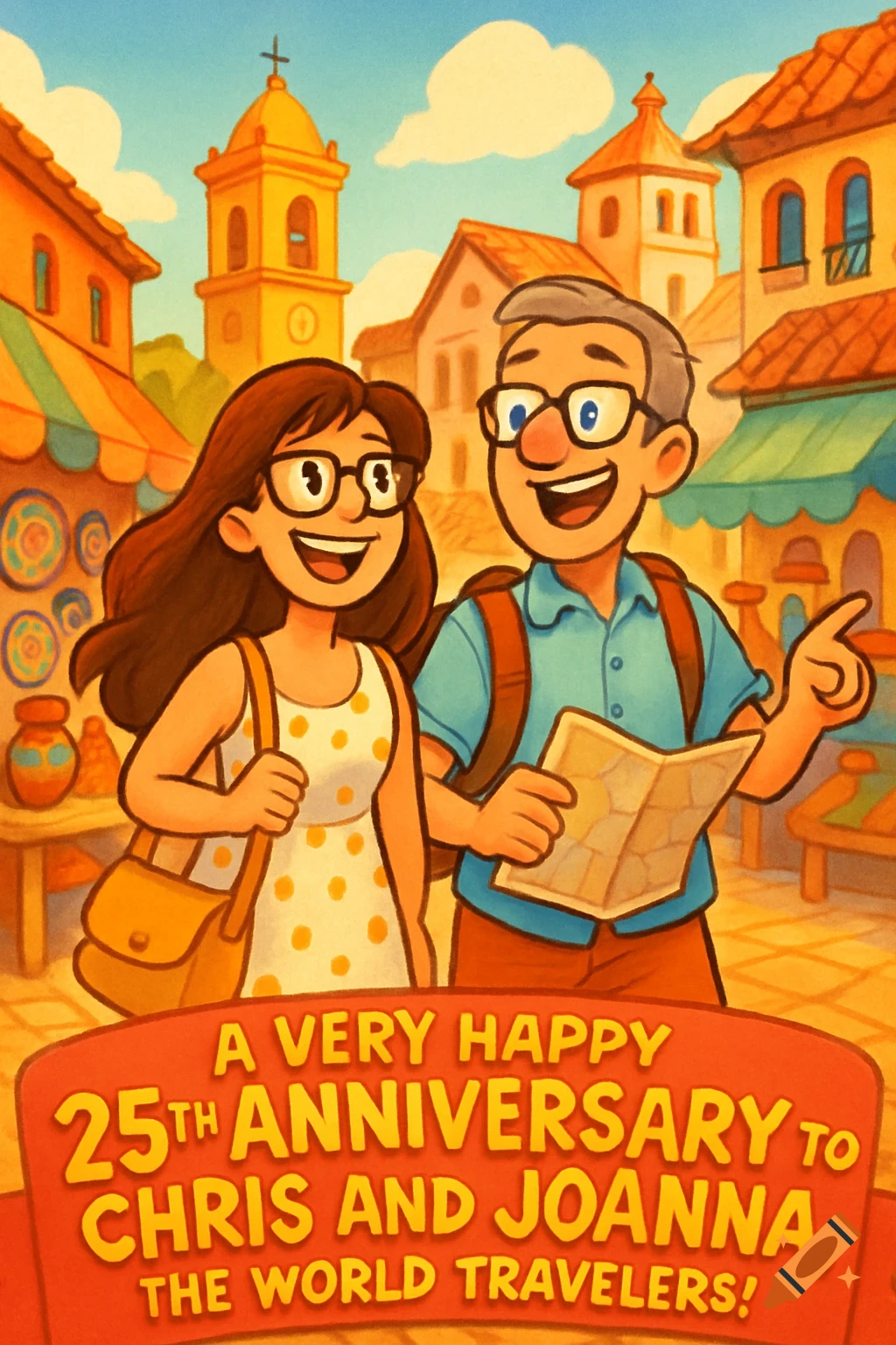 A cartoon couple, Chris and Joanna, in a Spanish town, celebrating their 25th anniversary as world travelers with a map.