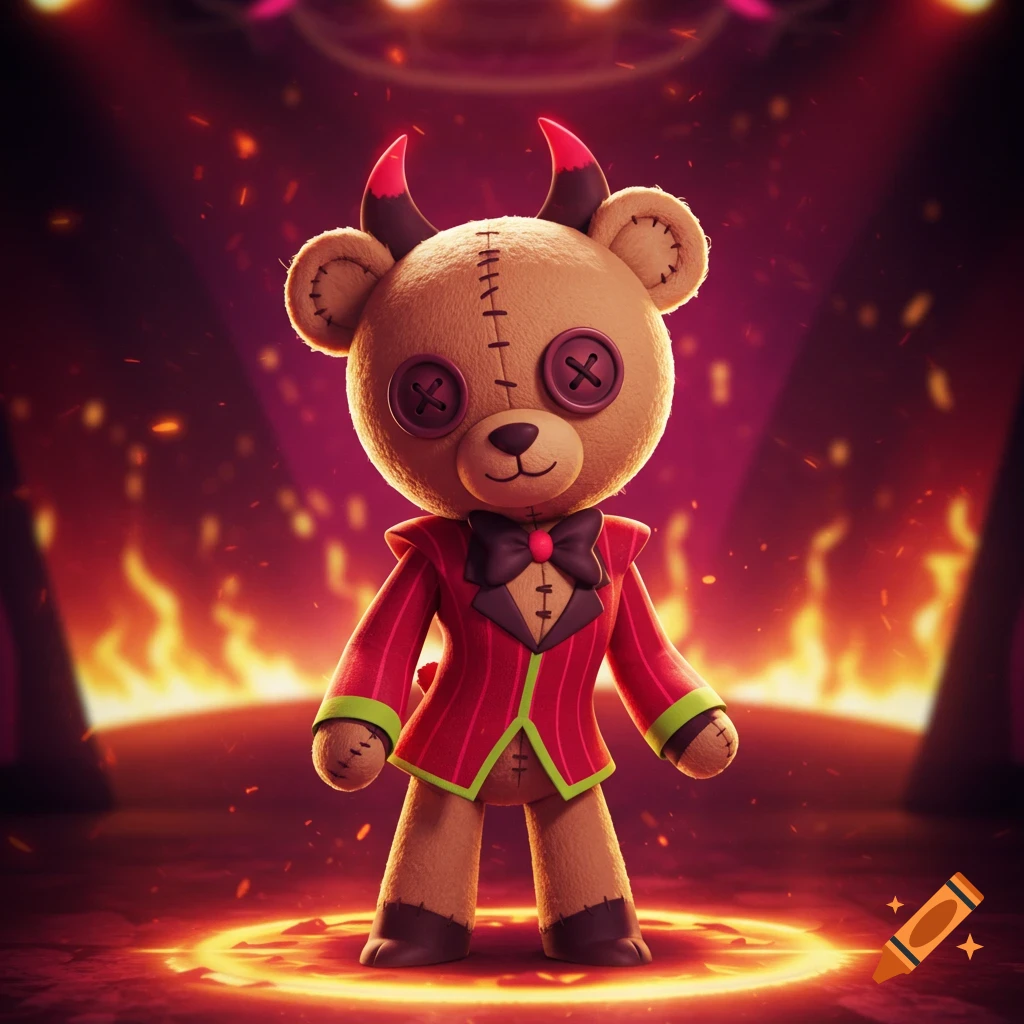 A stylized teddy bear dressed as a devil, with button eyes and horns, stands in a fiery inferno with spotlights.