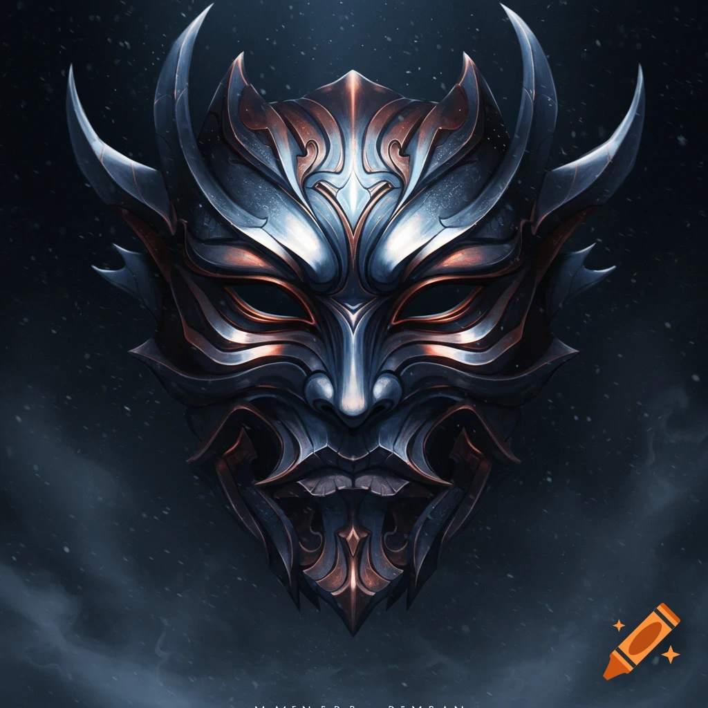 A detailed, metallic, horned mask with intricate patterns, combining dark tones and bronze accents, against a moody background.