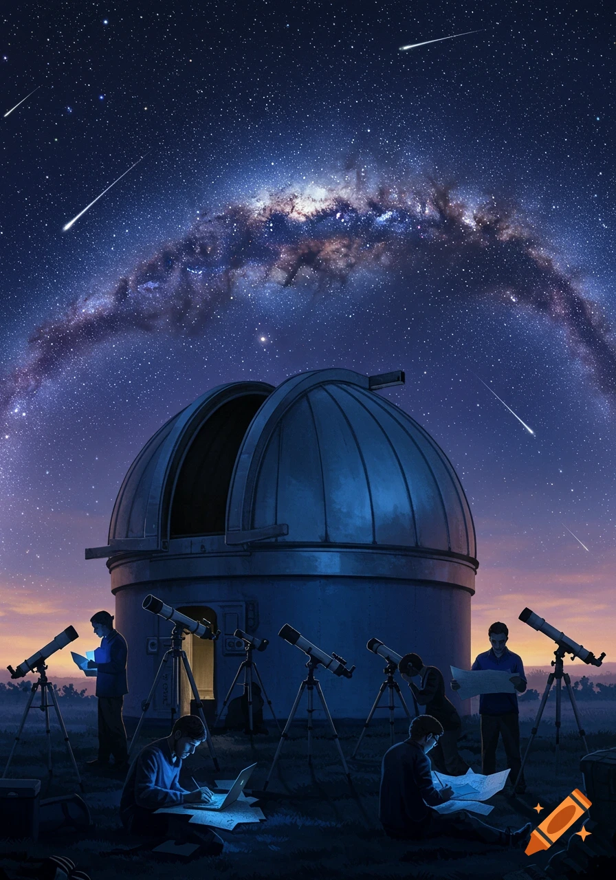 Illustrated scene of an astronomy club observing the Milky Way and stars with telescopes at an observatory.