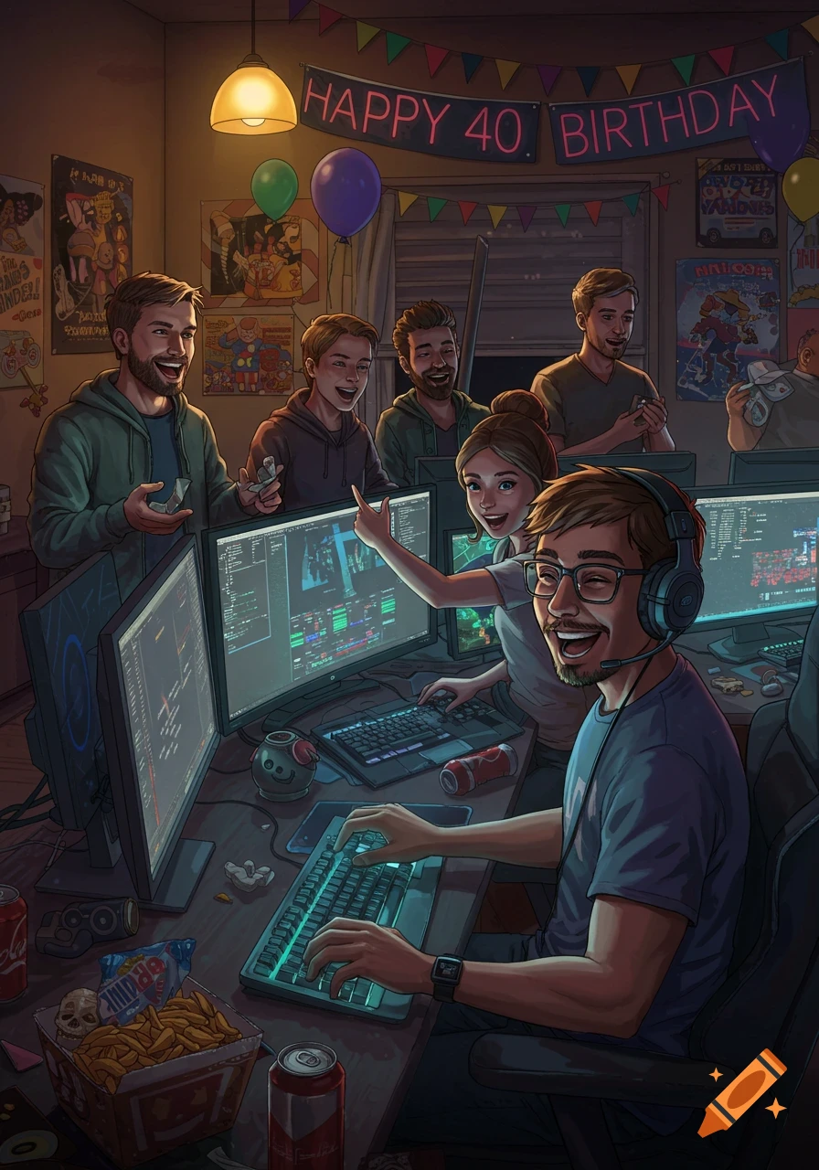 An illustrated scene of a group of friends celebrating a 40th birthday at a LAN party with computers, snacks, and balloons.