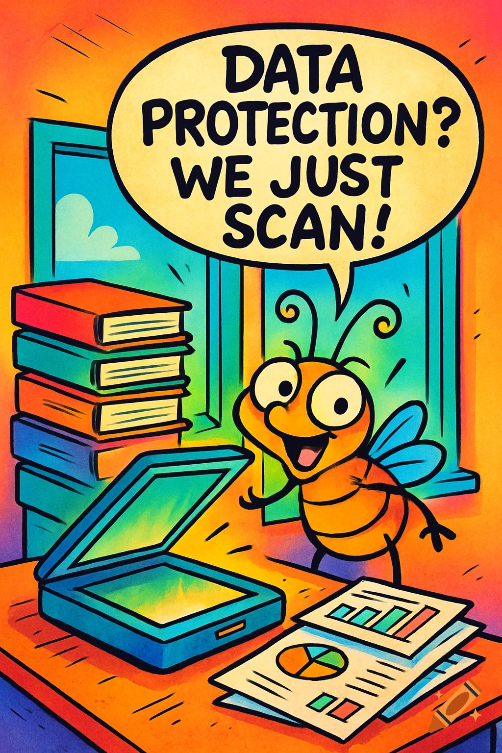 A vibrant cartoon bee next to an open scanner, books, and documents, with a speech bubble saying 'DATA PROTECTION? WE JUST SCAN!'
