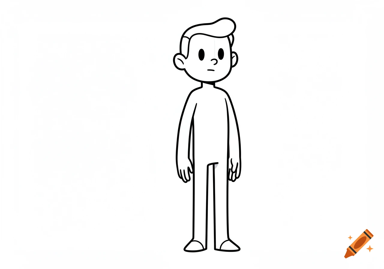 A simple 2D line art cartoon character of a person with short hair, standing on a white background.