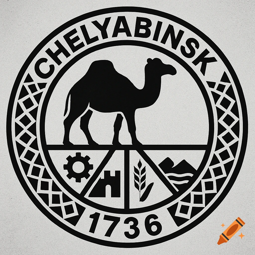 A black and white circular stencil emblem featuring a camel in the center, surrounded by icons like a gear, fortress, wheat, mountains, and waves, with "CHELYABINSK" and "1736" text on the arcs.
