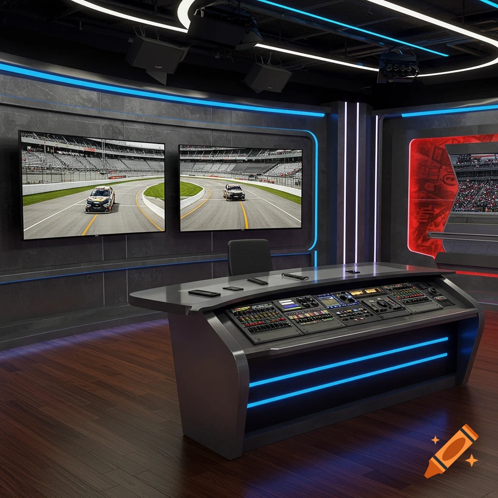 A modern broadcast studio with a control desk, blue and white neon lights, and two large screens showing a car race on a track.