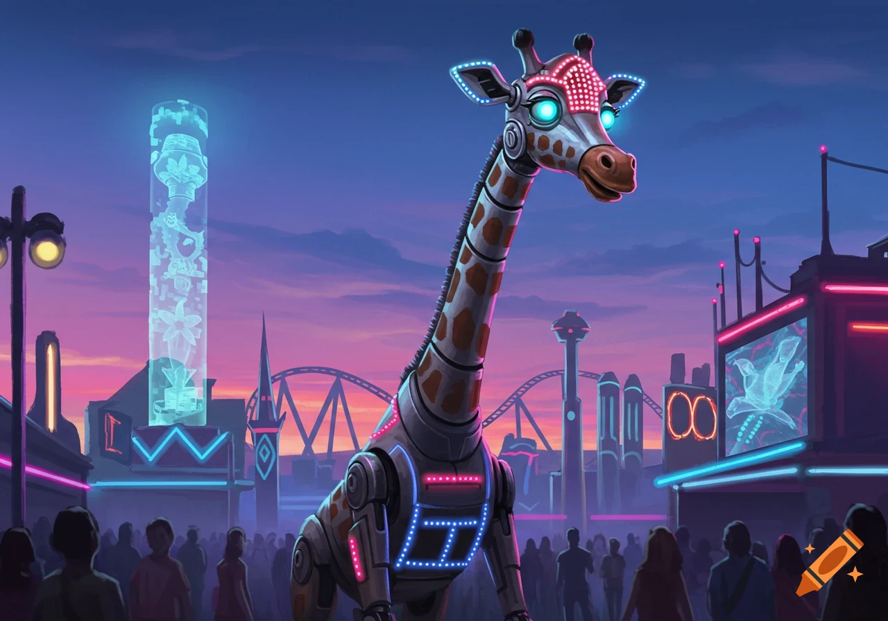 A futuristic animatronic giraffe with glowing lights on its head and body stands in a vibrant neon cityscape at dusk, surrounded by people.