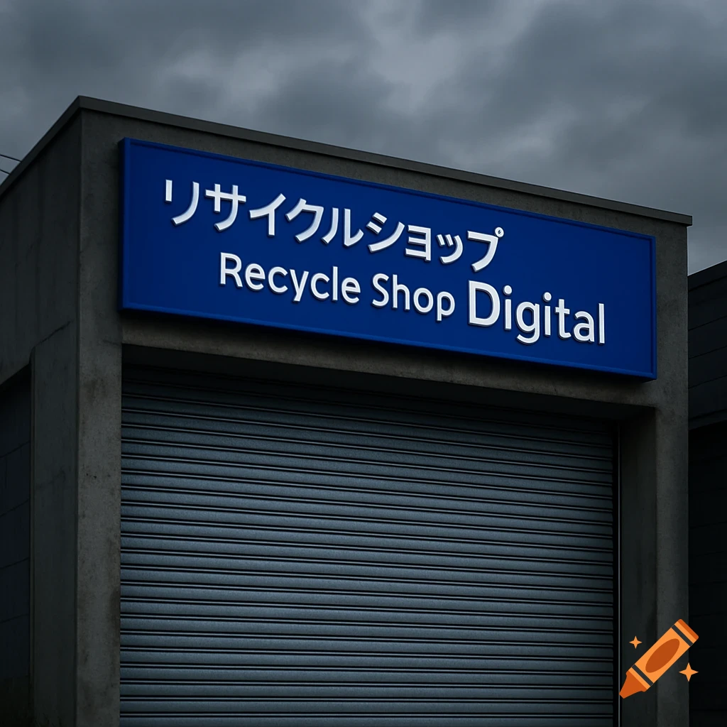 Photo-realistic garage with a roll-up shutter. A blue sign above reads "リサイクルショップ" and "Recycle Shop Digital". Cloudy sky.
