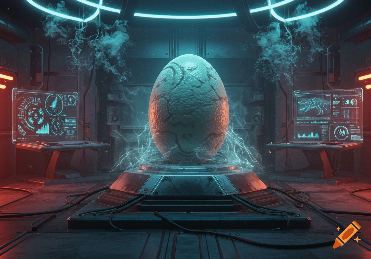 A large, textured dinosaur egg glows with red light and blue lightning in a dark, futuristic laboratory, surrounded by screens displaying data.