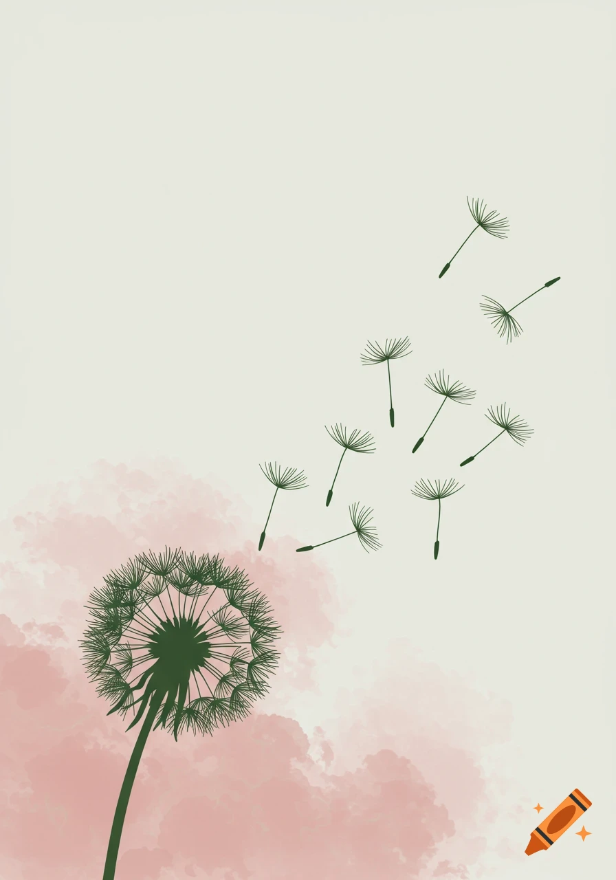 Minimalist line art illustration of a dark green dandelion with seeds blowing into a soft pink watercolor cloud on a light background.