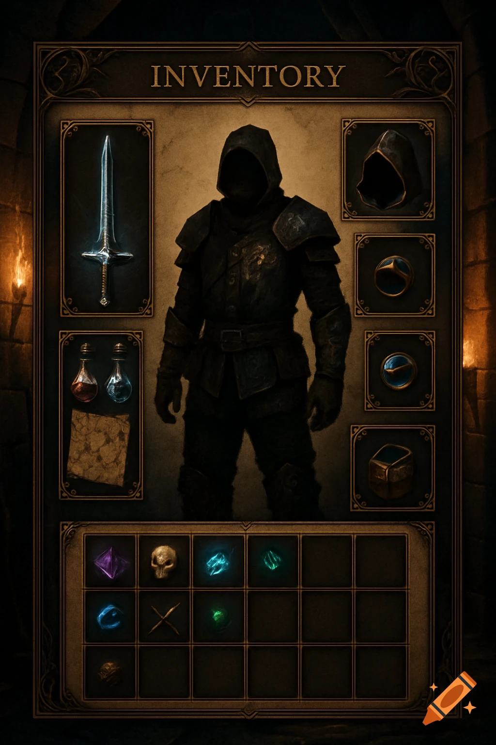 A fantasy ARPG inventory screen shows a dark, hooded armored character, a glowing sword, potions, a map, and various magical items in slots.