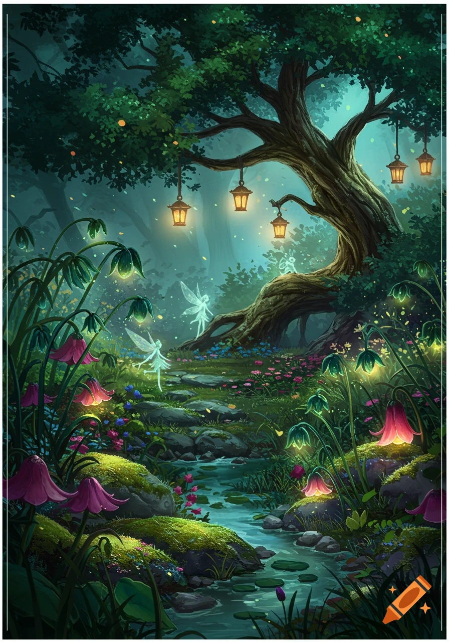 A whimsical fairy garden with glowing fairies, flowers, and lanterns illuminating a stream and a large tree in a magical forest.