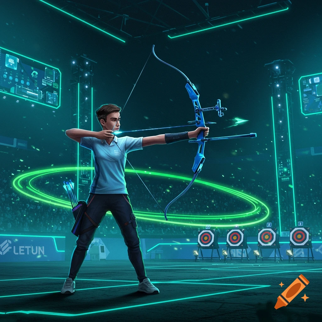An archer in a light blue shirt aims a blue smart bow in a dark, neon-lit futuristic arena with green light trails and targets.