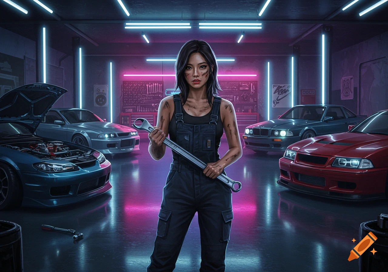 A female mechanic with grease on her face, holding a large wrench, stands in a neon-lit garage with several drift cars and a tool bench in the background.