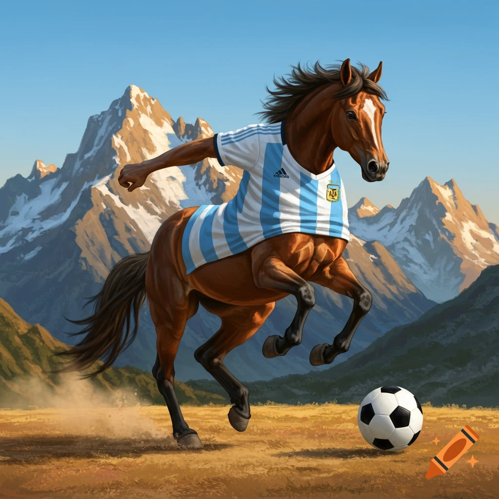 A majestic brown horse wearing an Argentina soccer jersey and an arm extended, kicking a soccer ball in a sunny mountain landscape.