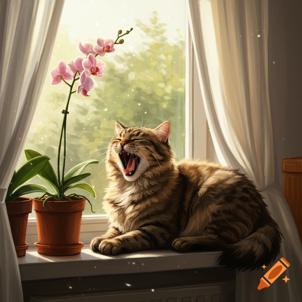A fluffy tabby cat yawns widely while lying on a sunny windowsill next to a potted pink orchid.