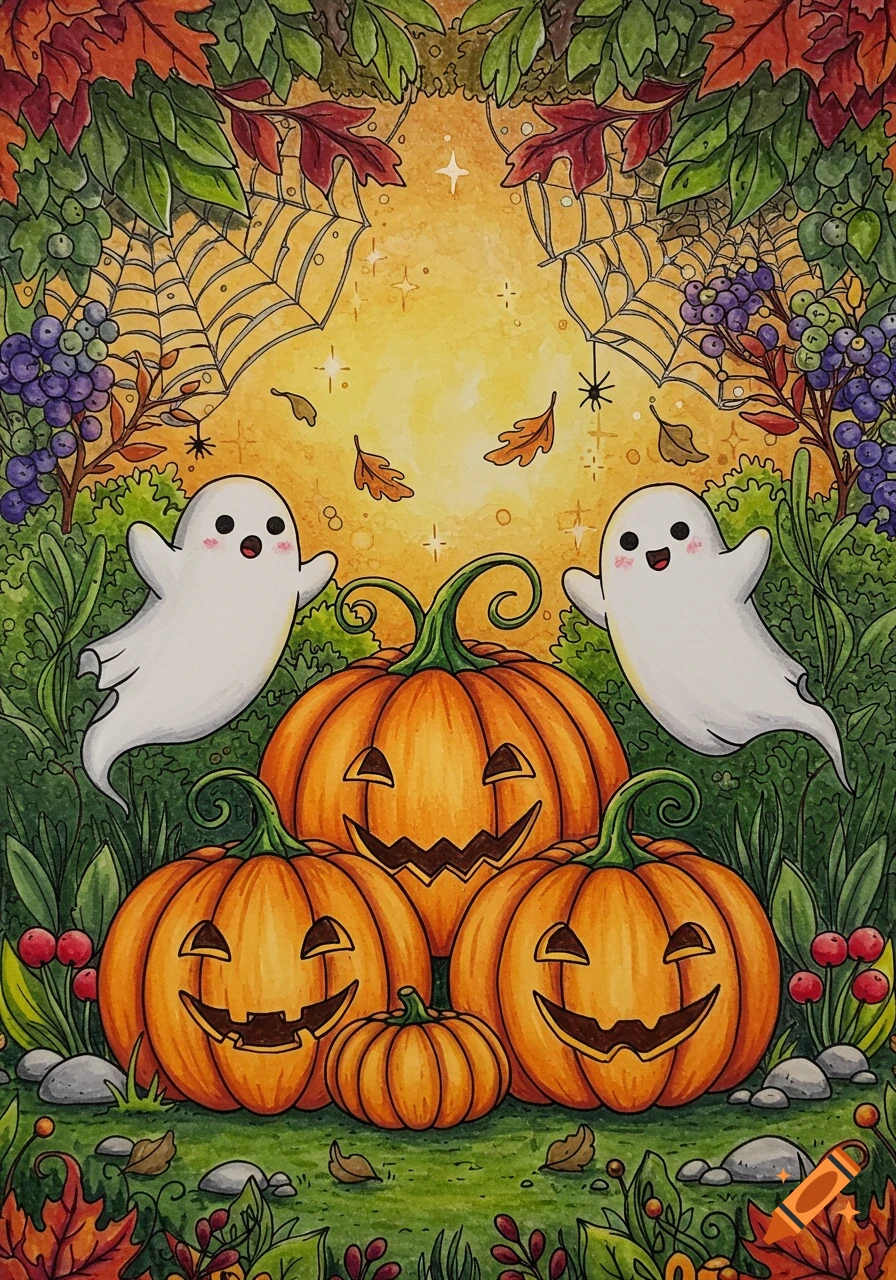 Colorful illustration of a cute Halloween scene with smiling jack-o'-lanterns, friendly ghosts, spider webs, and autumn leaves.