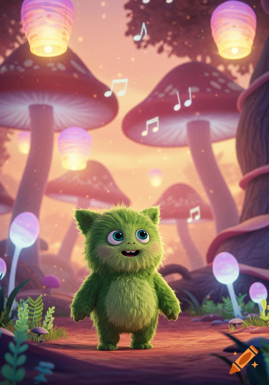A fluffy green creature with big blue eyes smiles in a whimsical forest with giant red mushrooms, glowing lanterns, and musical notes.