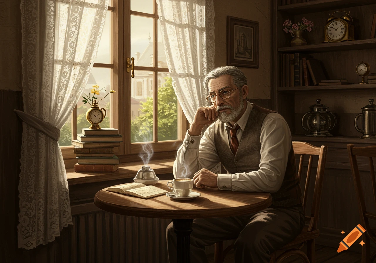 A thoughtful old man with a beard and glasses sits at a table with coffee, an open book, and stacked books by a lace-curtained window.