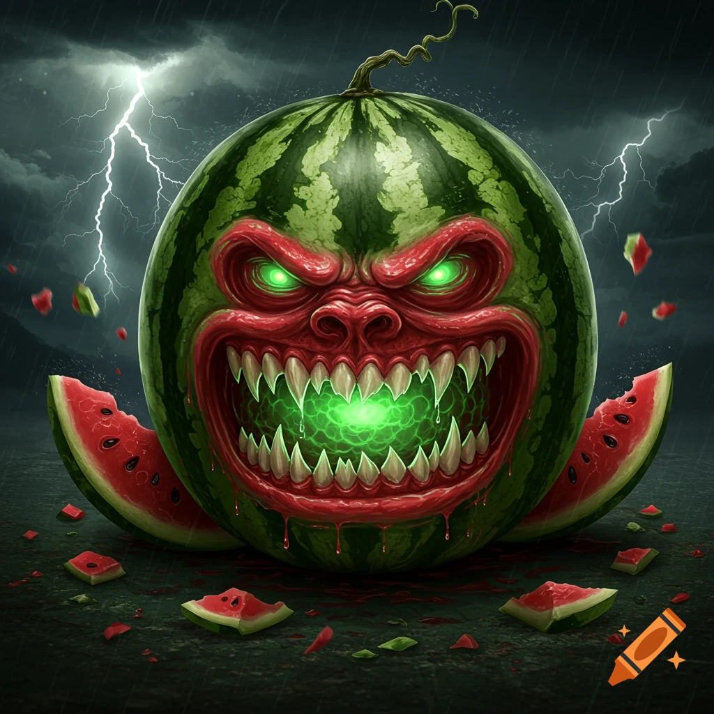 A monstrous, angry watermelon with glowing green eyes and sharp teeth, dripping red, under a stormy sky with lightning.